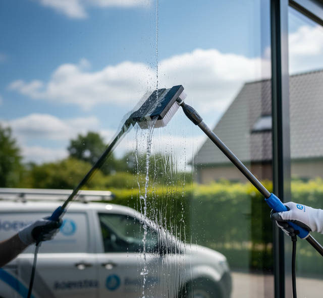Window washers cleaning a large window with water and tools, blue sky and van in the reflection.