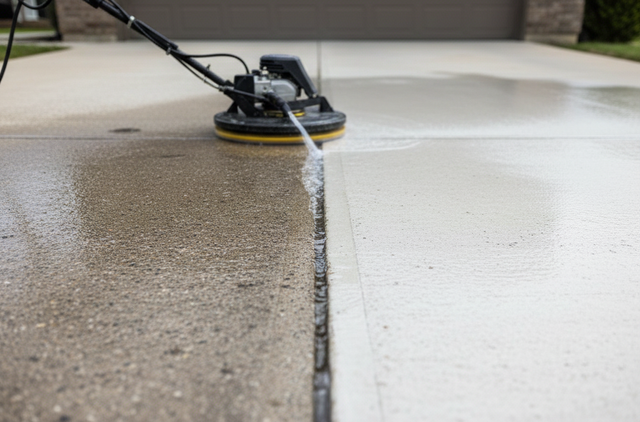 A pressure washer cleans a concrete driveway, showing a clear difference between cleaned and uncleaned sections.