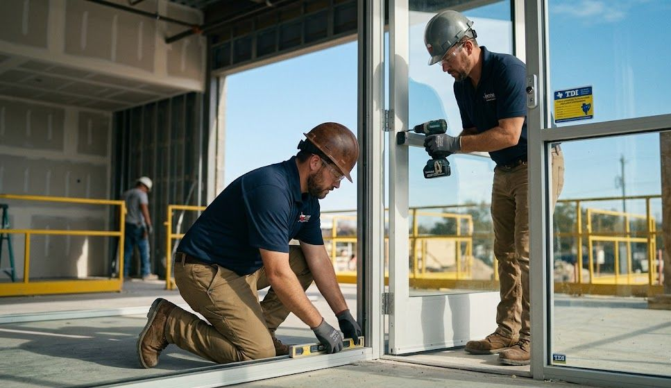 Two construction workers in hard hats and uniforms install a glass door frame inside a building under construction.