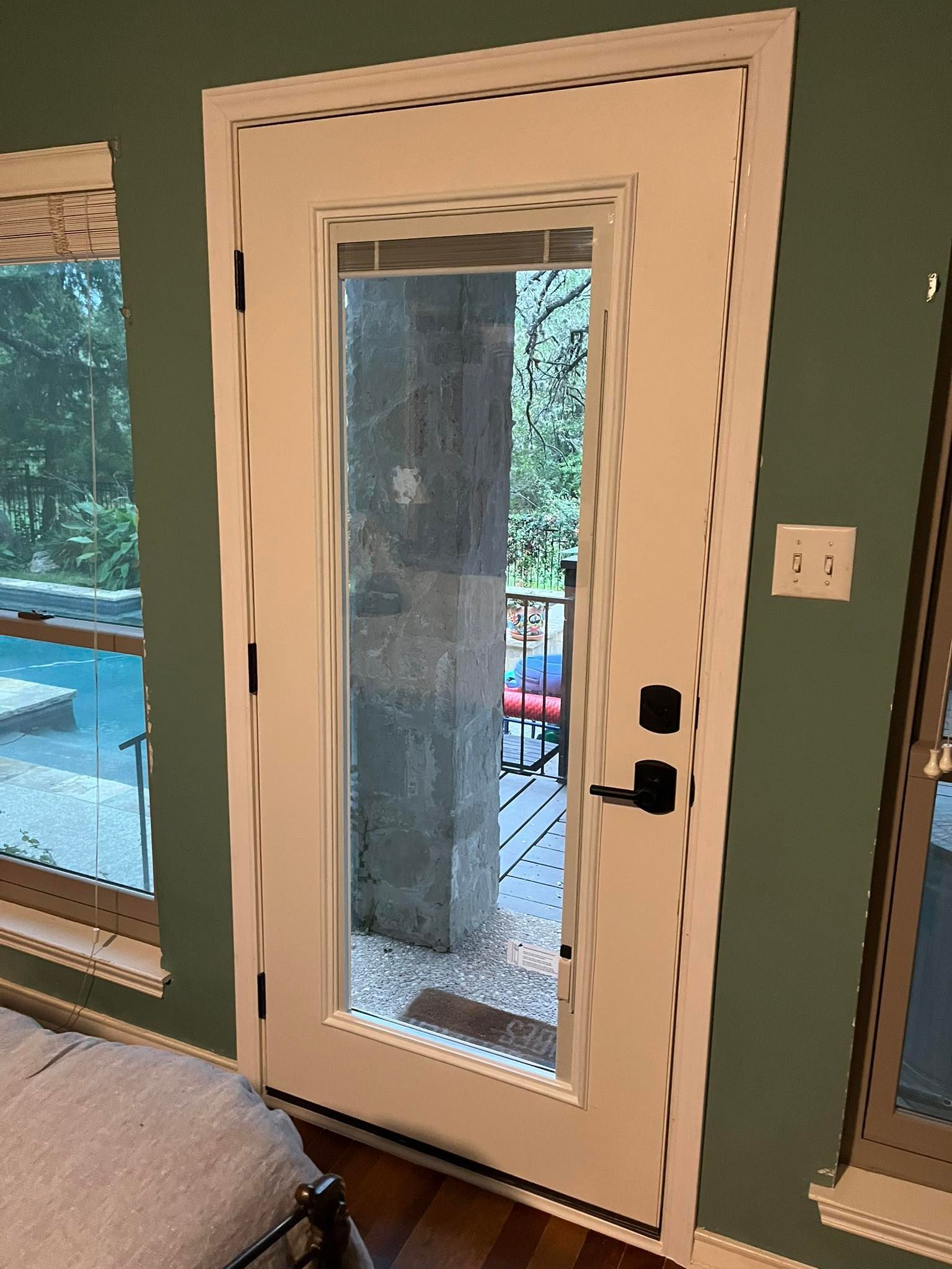 White door with glass panel, leading to a patio. Dark hardware, green wall, and pool visible.