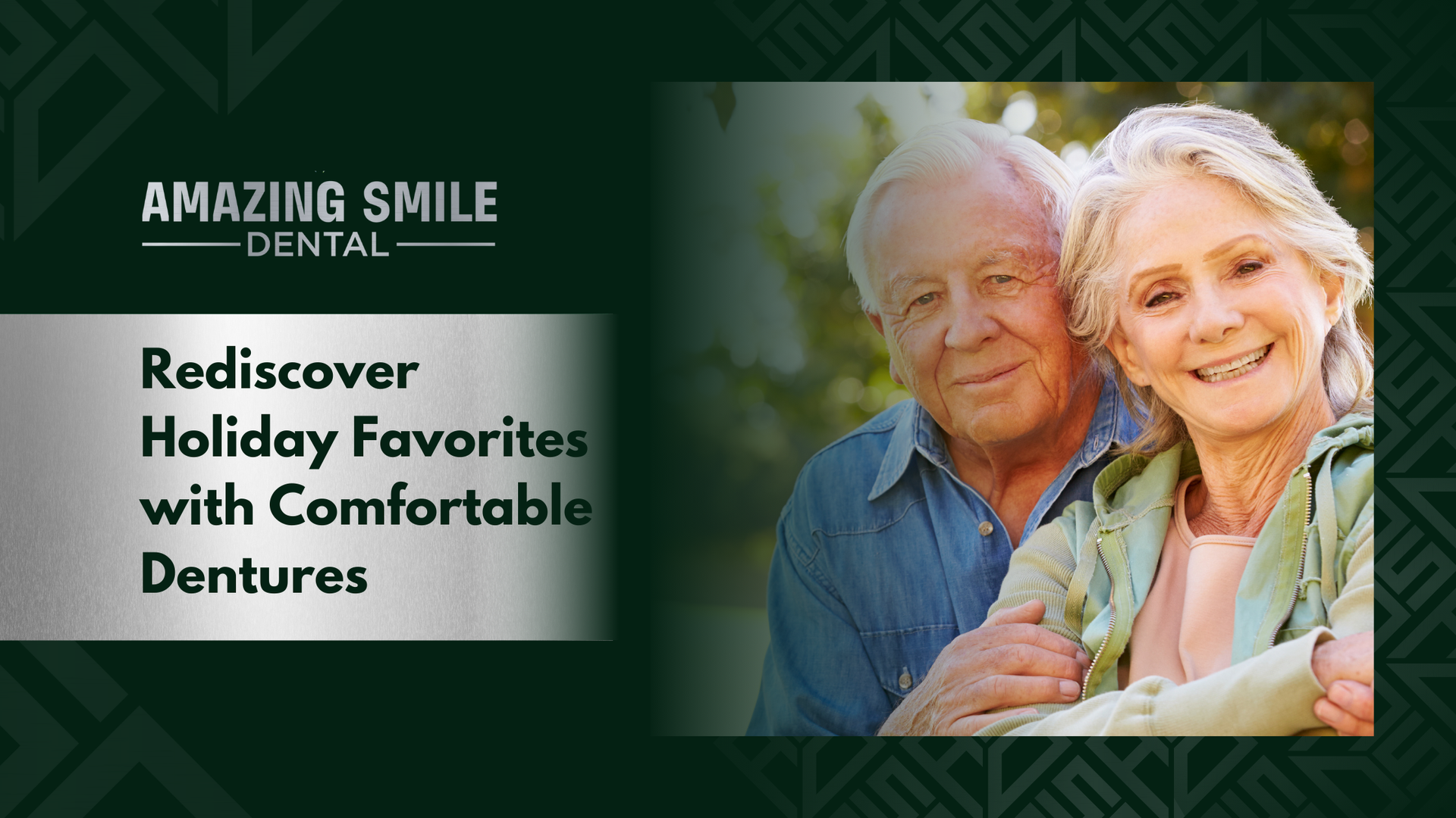 Smiling senior couple outside; ad for Amazing Smile Dental, promoting comfortable dentures.