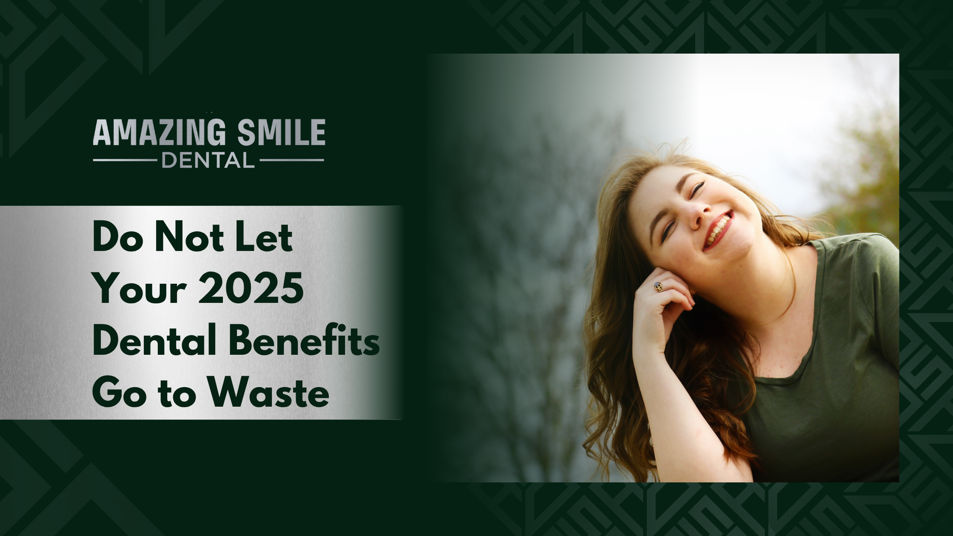 Woman smiling outdoors; ad for 