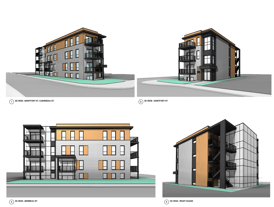 Un ensemble de quatre dessins d'un bâtiment sur fond blanc
