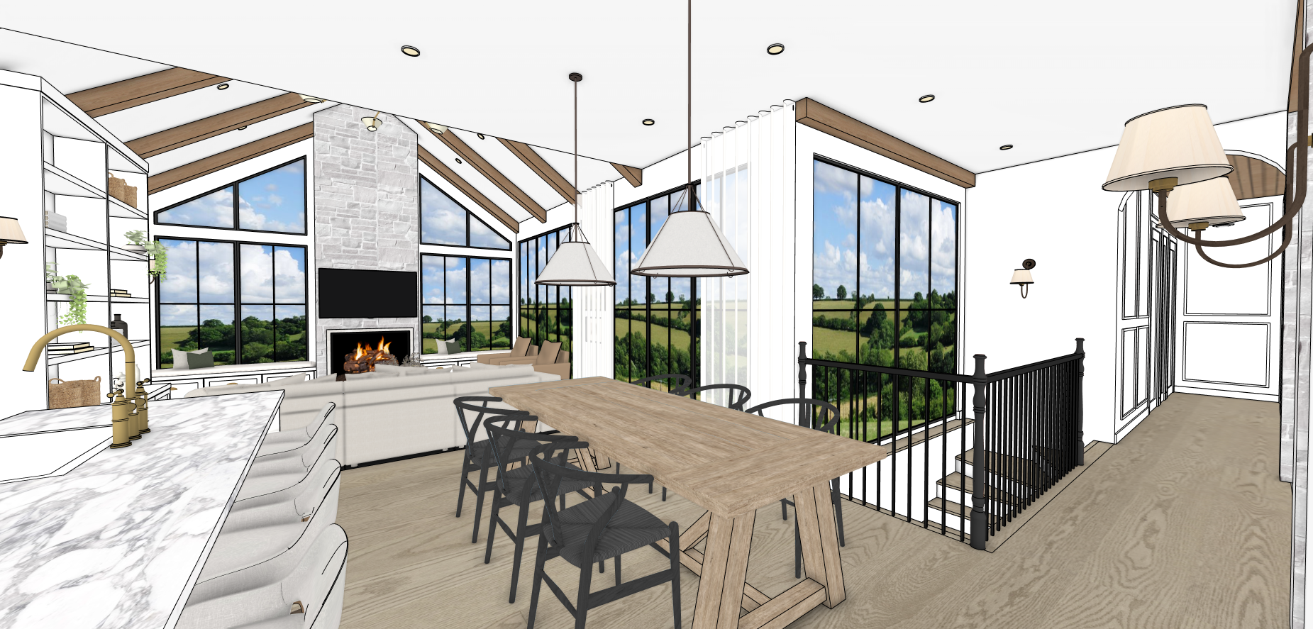 Un dessin d'un salon avec une table et des chaises et une cheminée.