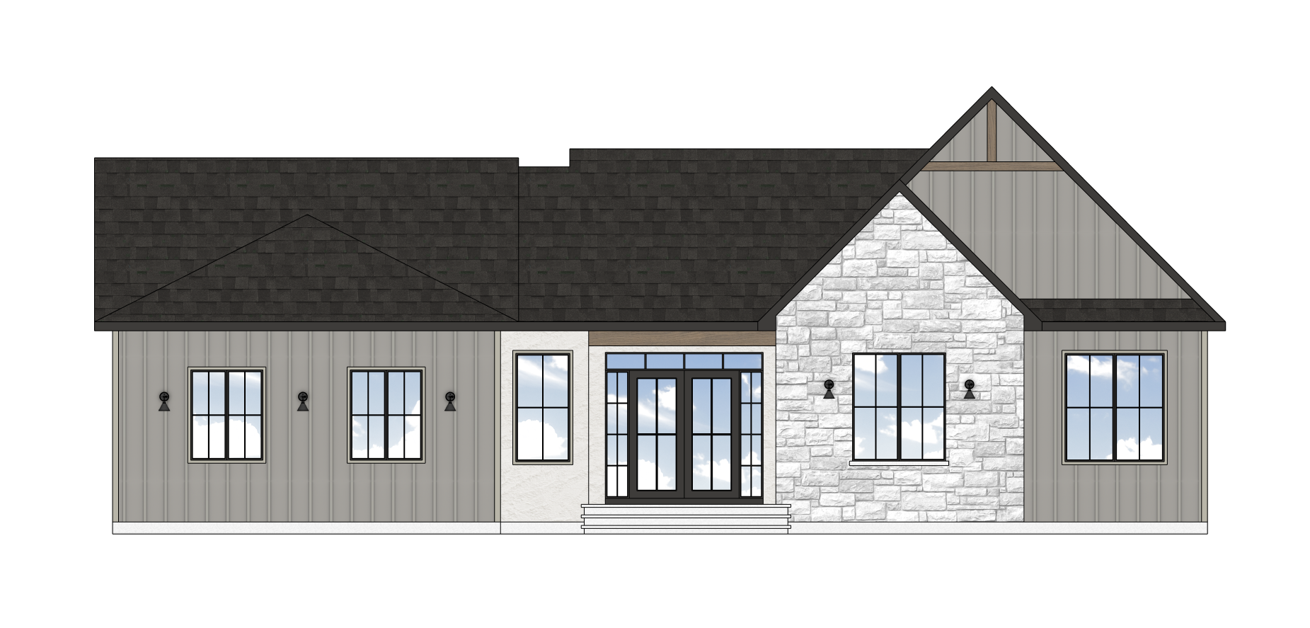 Un rendu de l'arrière d'une maison avec un mur en pierre et un toit noir.