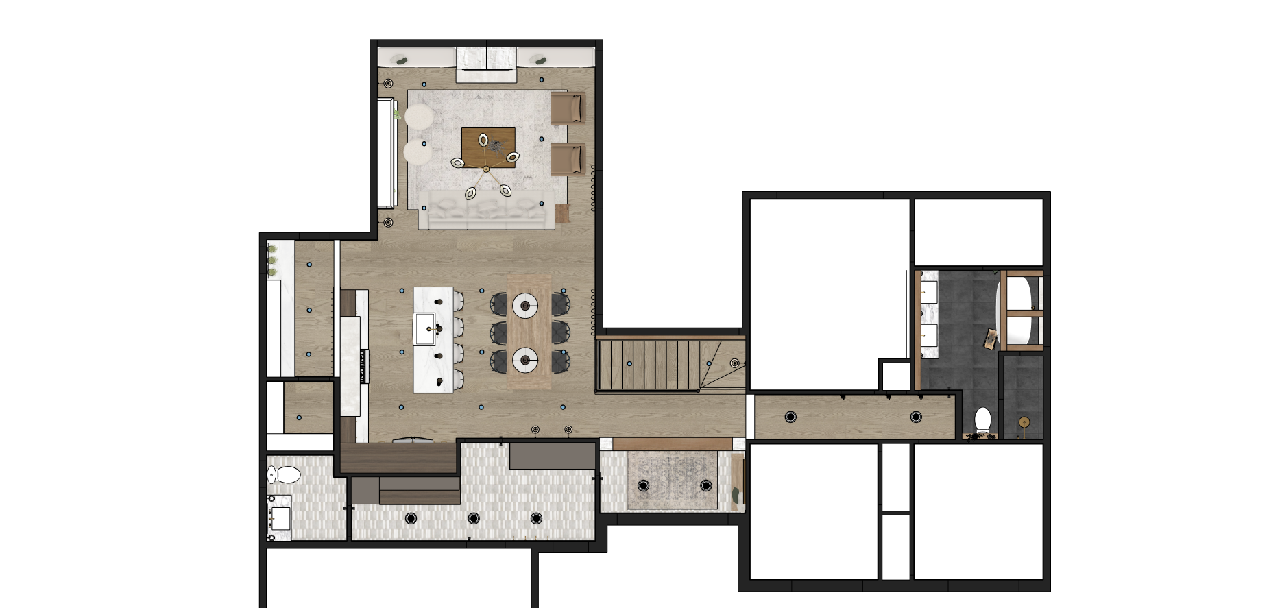 Une vue aérienne d'un plan d'étage d'une maison.