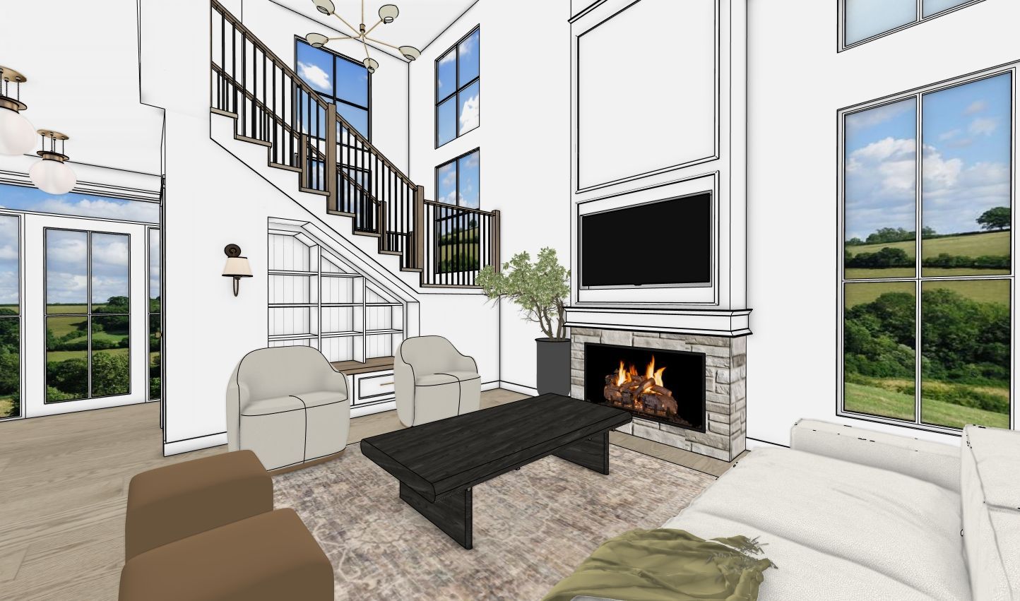 Une impression d'artiste d'un salon avec cheminée et escalier