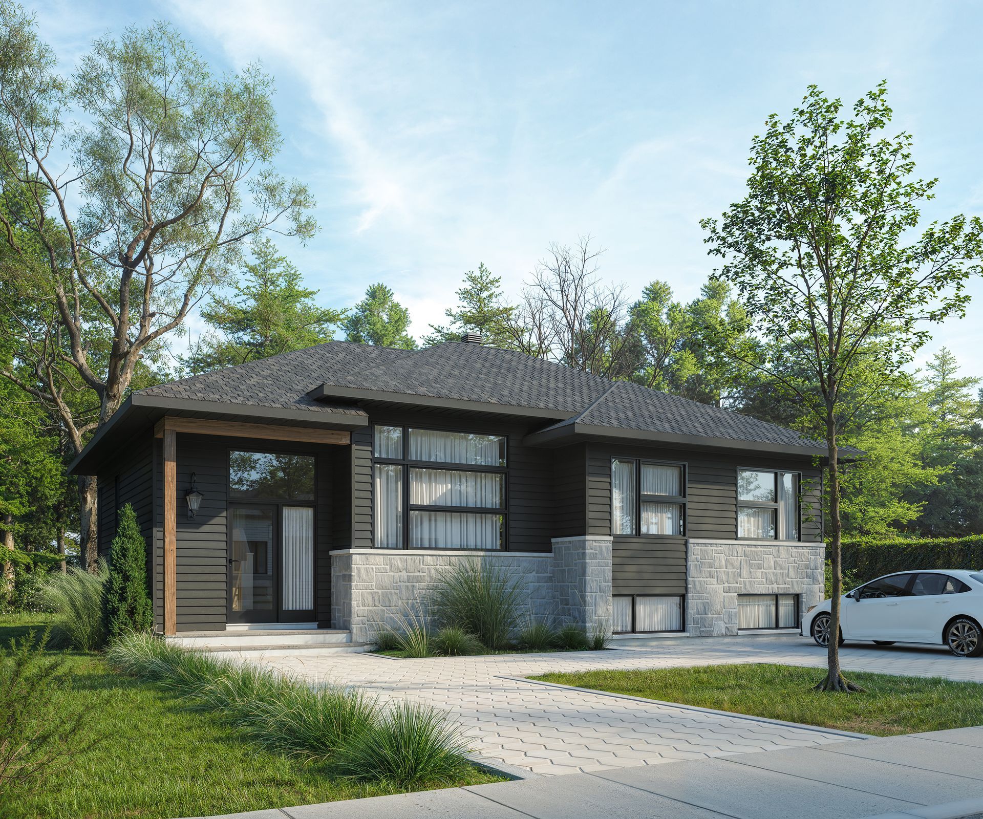 Une petite maison avec une voiture garée devant.