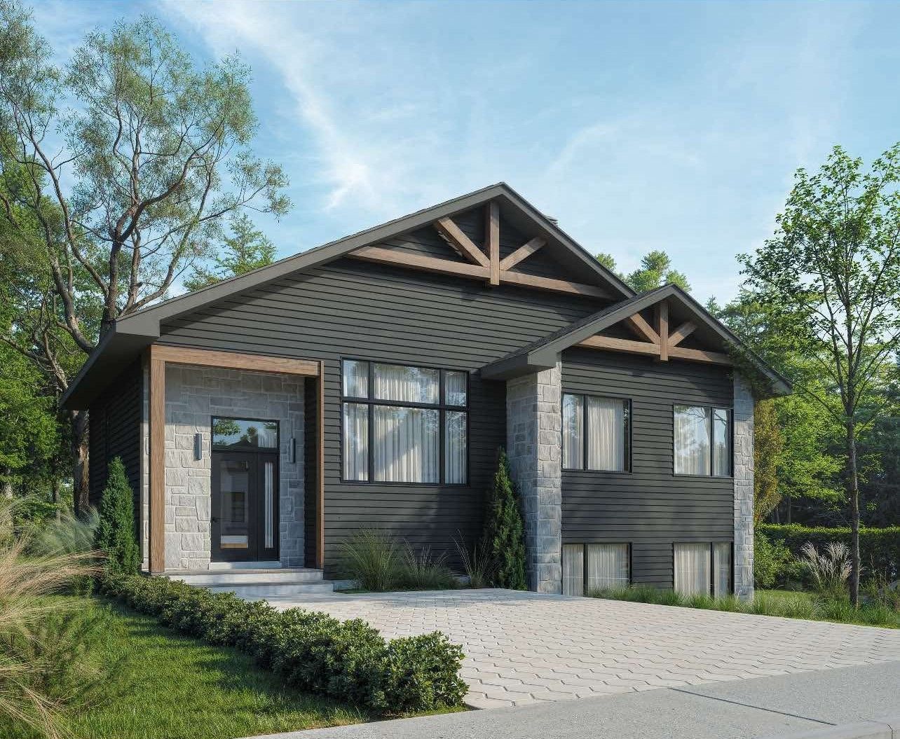 Une impression d'artiste d'une maison avec beaucoup de fenêtres et d'arbres en arrière-plan.