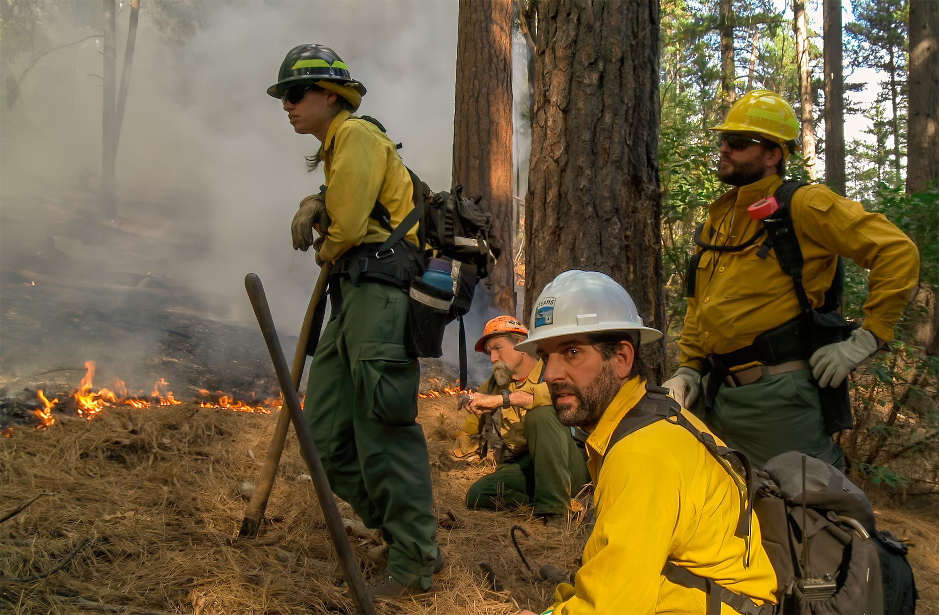  A fire crew keeps a watchful eye on a prescribed fire above Weaverville, California. 