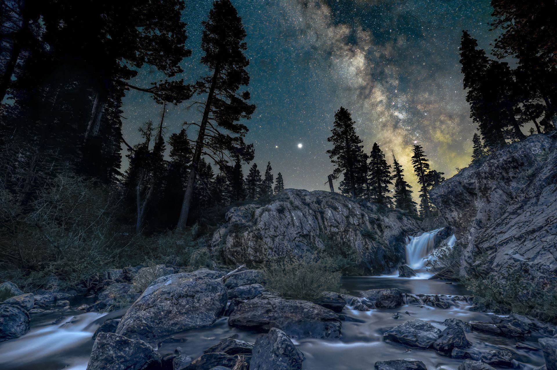  The Milky Way above Graeagle Falls in Northern California. Saturn and Jupiter are the two bright stars in the center. (Two image composite) 