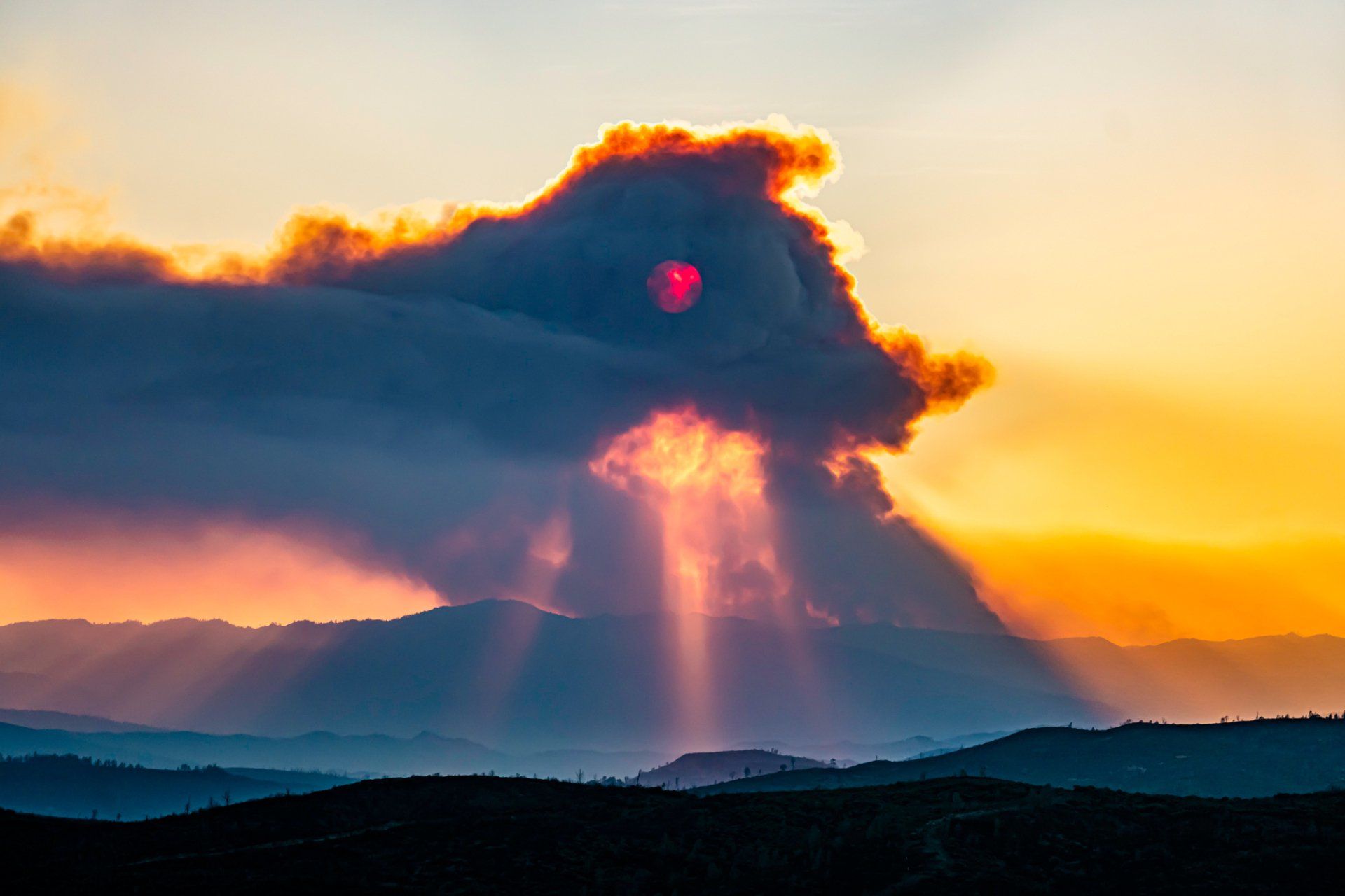 Sunset on the Kincade Fire in Sonoma County, California.