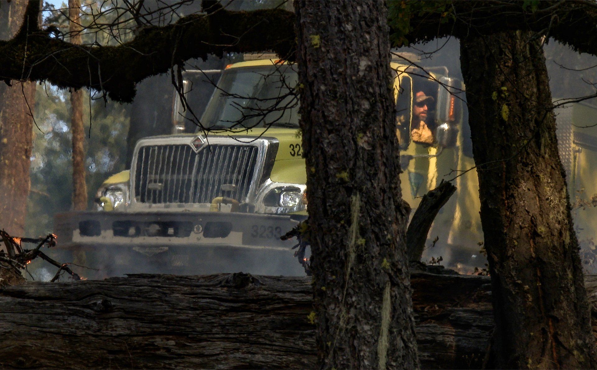 A BLM engine crew patrols a prescribed fire in Trinity County, California.