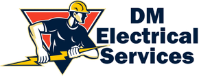 The logo for DM Electrical Services shows a man holding a lightning bolt.