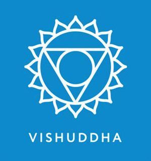 A logo for the vishuddha chakra on a blue background.