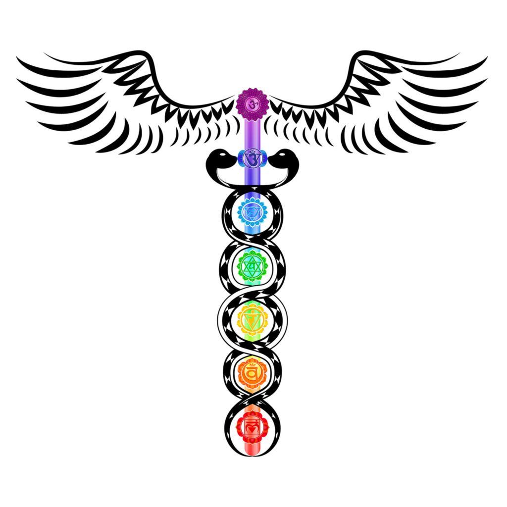 A caduceus with wings and chakras on a white background.