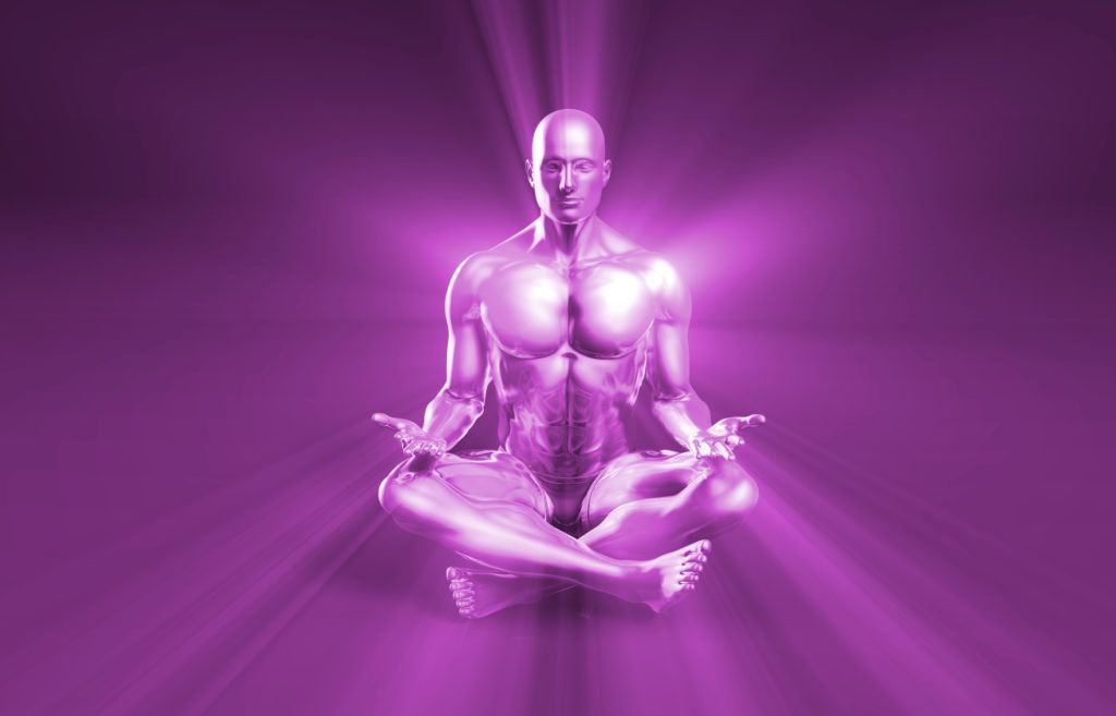 A man is sitting in a lotus position on a purple background.