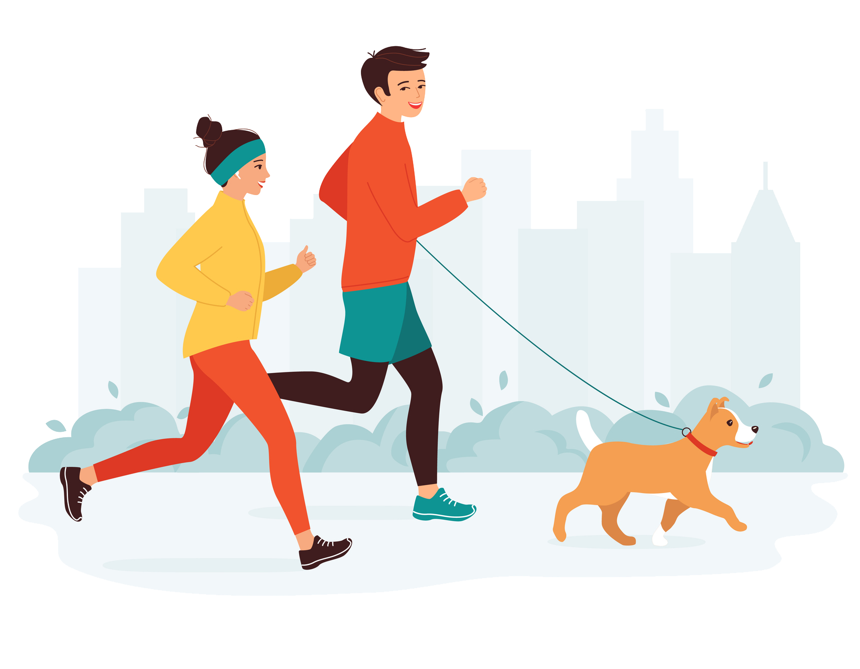 Two people running with a dog on a leash; cityscape backdrop, winter clothing. Two people running with a dog on a leash; cityscape backdrop, winter clothing.