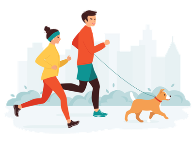 Two people running with a dog on a leash; cityscape backdrop, winter clothing. Two people running with a dog on a leash; cityscape backdrop, winter clothing.
