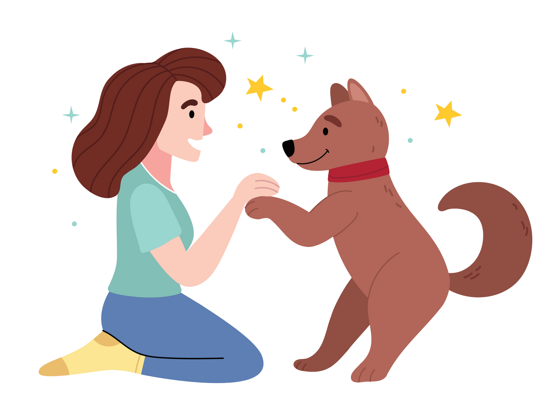 Woman kneels, hand out, as brown dog gives a paw. Both smile, with stars around them.