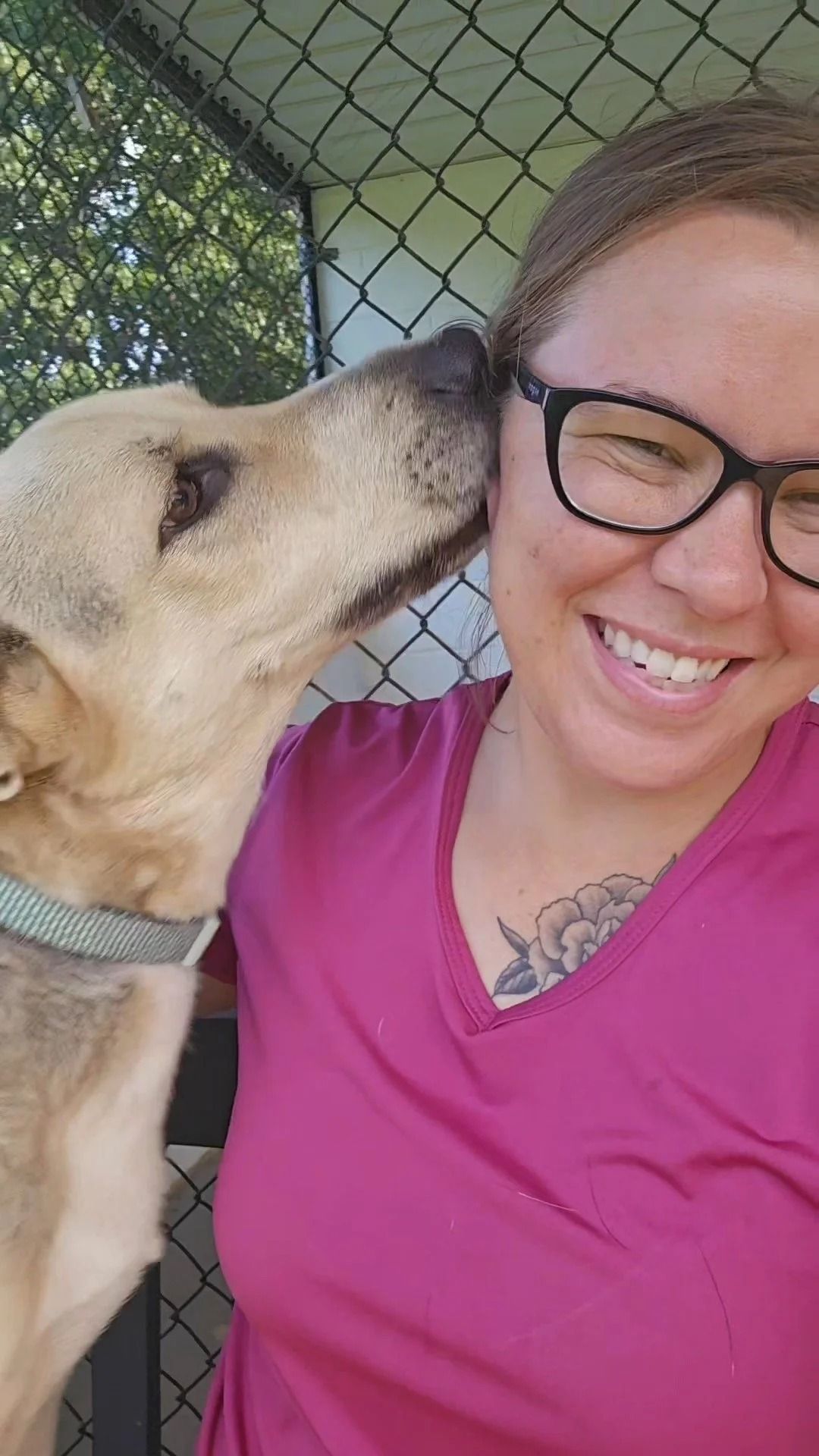 Woman smiles as a dog licks her face. They are outdoors, near a fence.