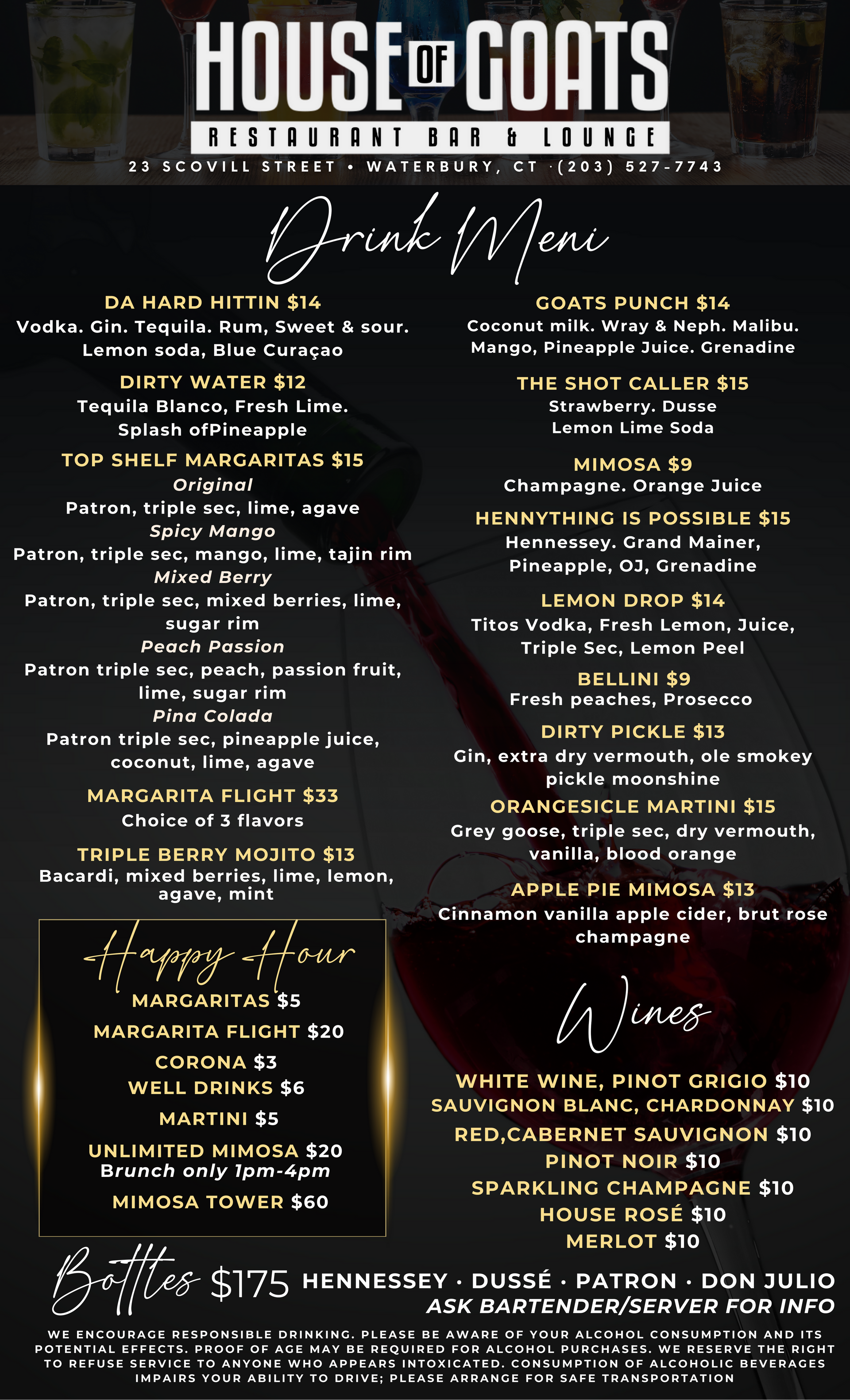 A menu for a restaurant called house of coats
