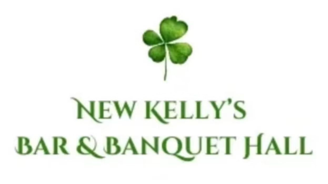 Logo for New Kelly's Bar & Banquet Hall featuring a green shamrock above the name in green text.
