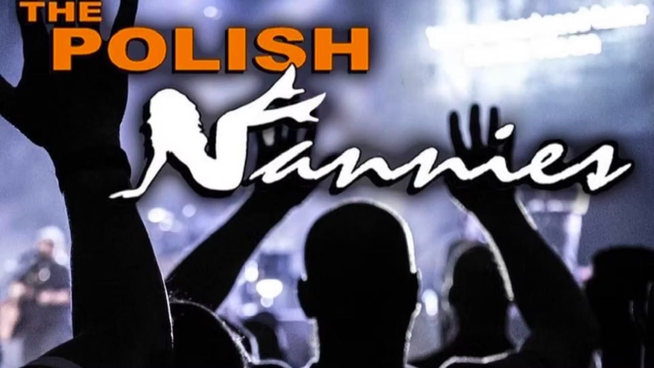 Logo for "The Polish Nannies" with a crowd raising their hands. Orange text.