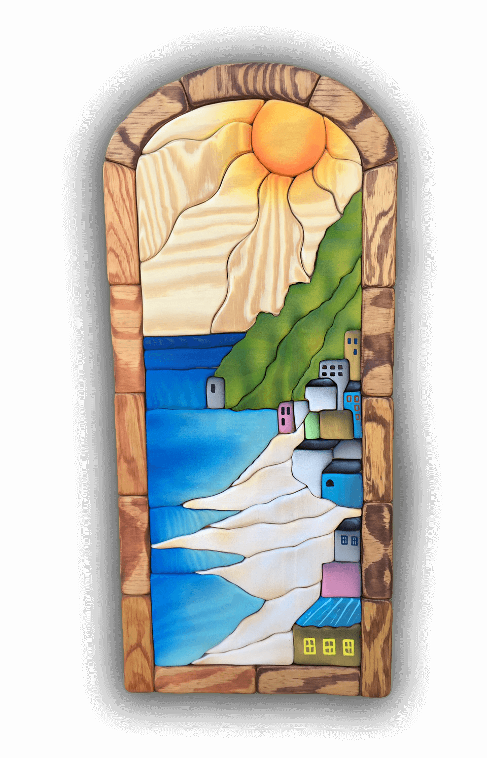 A custom Intarsia Art piece by Nick Vidakovic of a view of homes along the beach