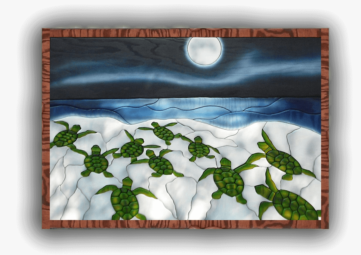 A custom Intarsia Art piece by Nick Vidakovic of sea turtles on a beach with a full moon in the background