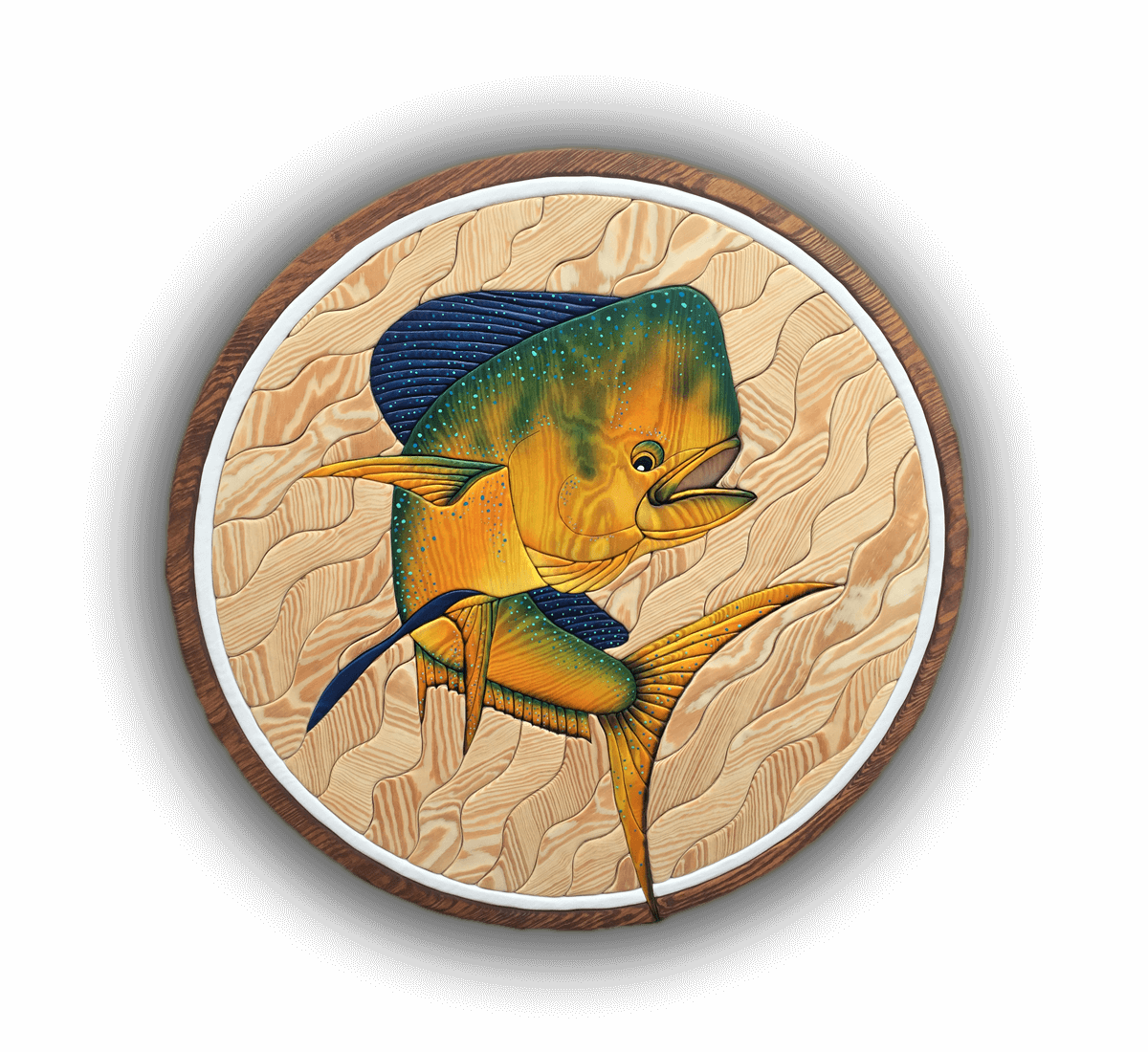 A custom Intarsia Art piece by Nick Vidakovic of a fish