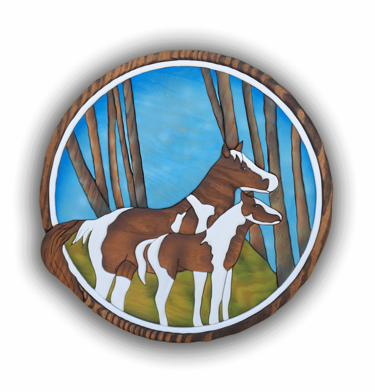 A custom Intarsia Art piece by Nick Vidakovic of horses