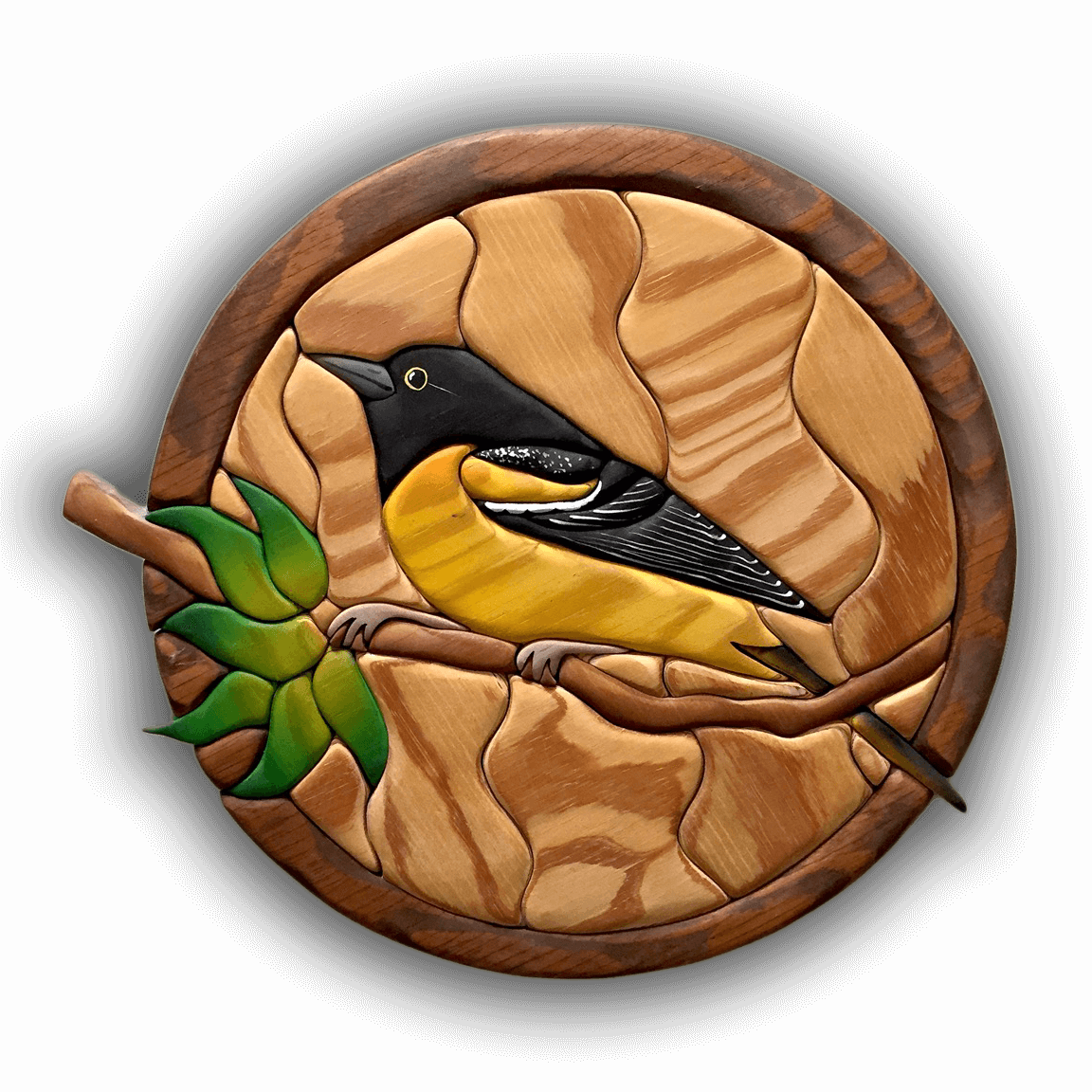 A custom Intarsia Art piece by Nick Vidakovic of a yellow and black bird