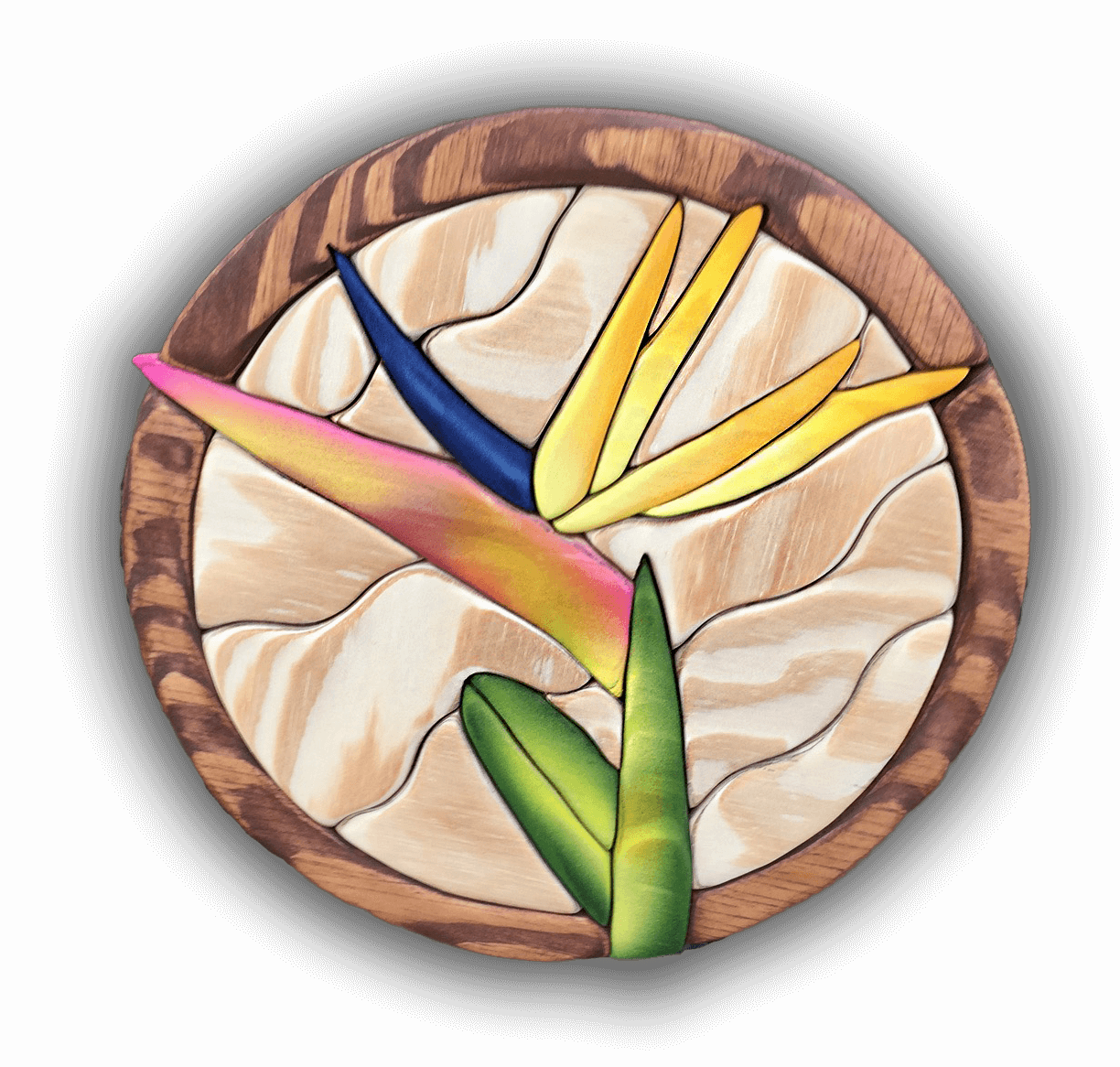 A custom Intarsia Art piece by Nick Vidakovic of a bird of paradise flower