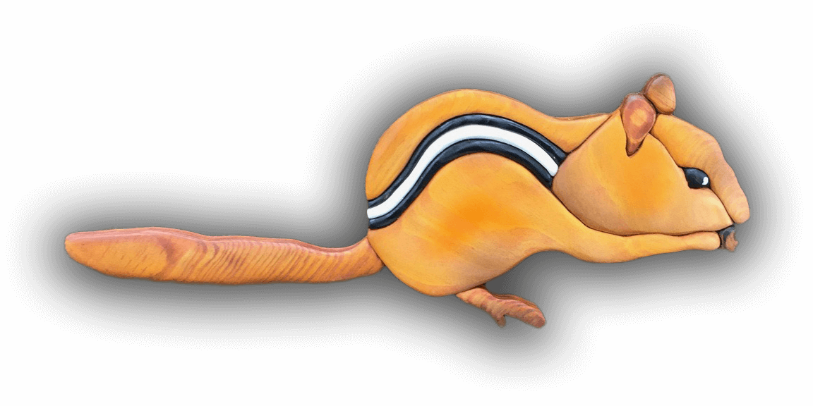 Intarsia Art by Nick Vidakovic of a chipmunk with a black and white stripe on its tail
