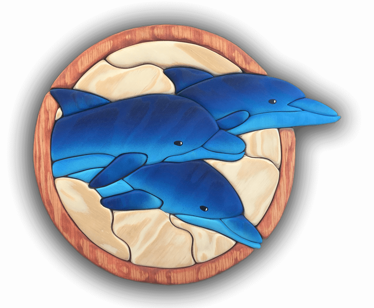 A custom Intarsia Art piece by Nick Vidakovic of a two blue dolphins 