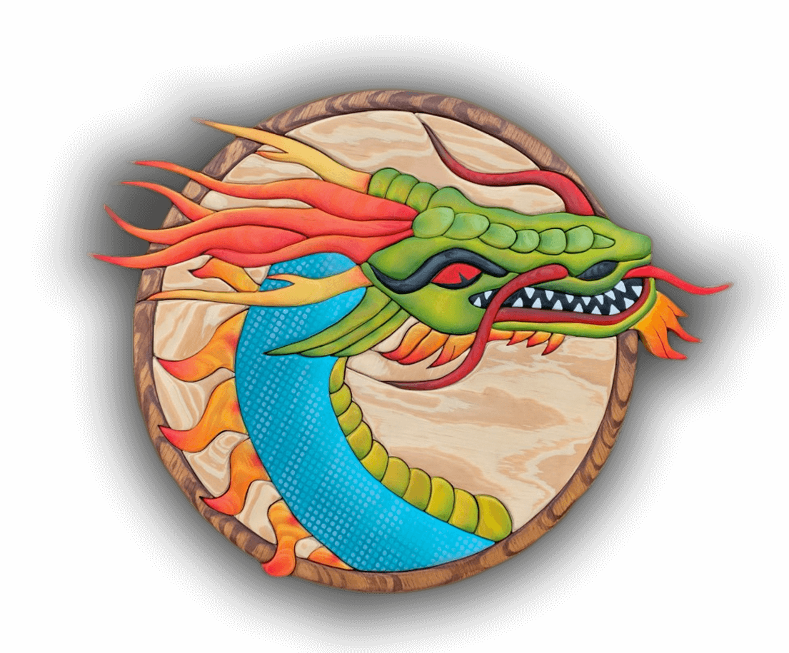 A custom Intarsia Art piece by Nick Vidakovic of a colorful dragon is on a wooden shield with flames coming out of its mouth.