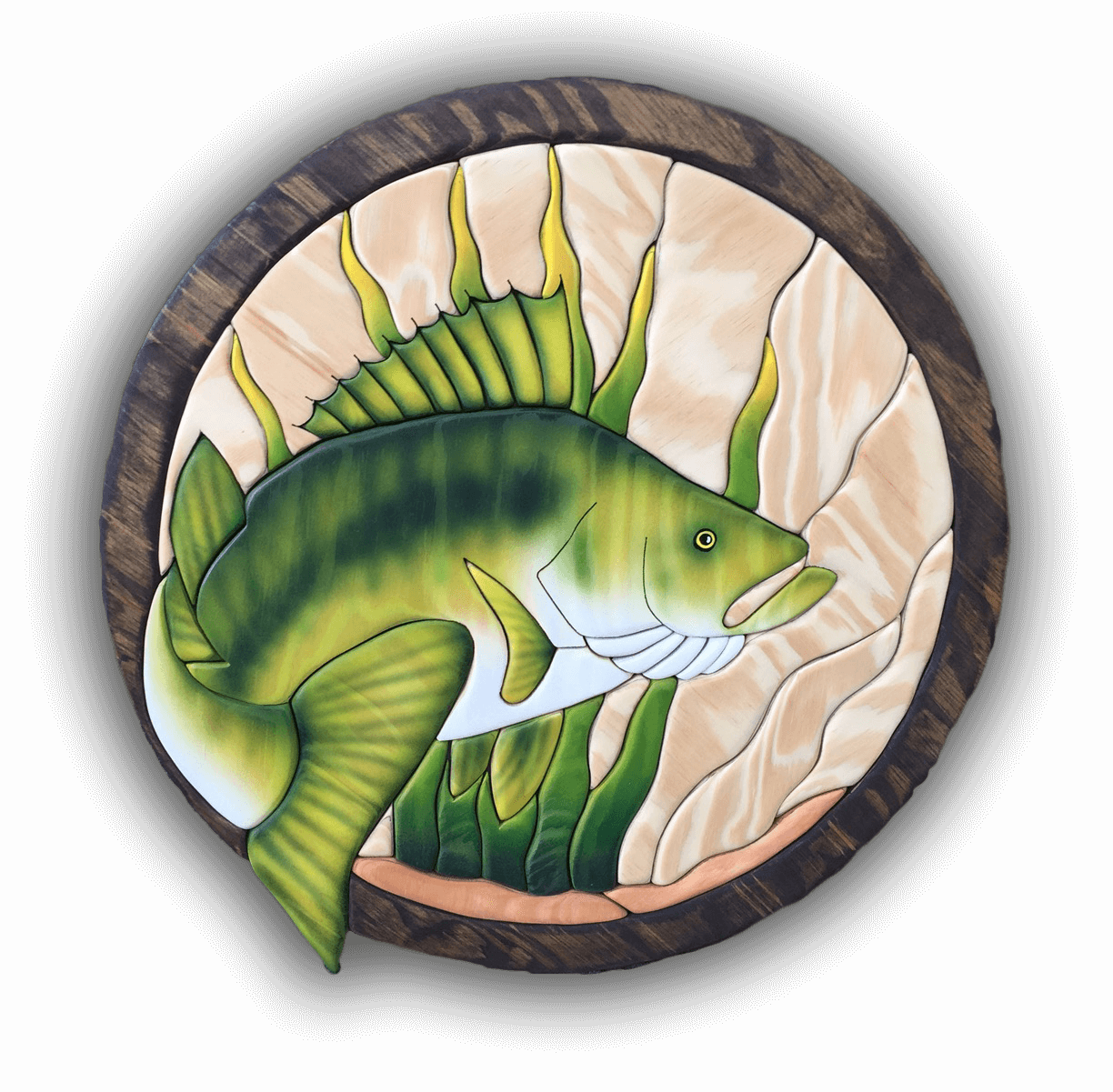 A custom Intarsia Art piece by Nick Vidakovic of a fish