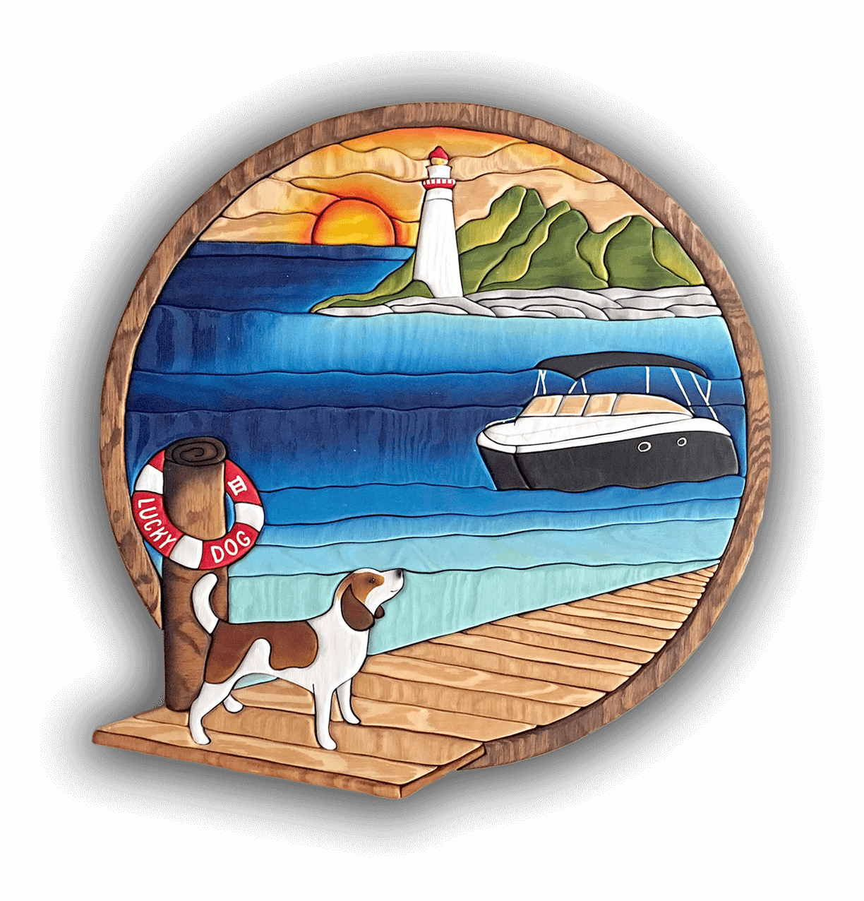 Intarisa Art by Nick Vidakovic of a dog standing on a dock next to a boat and a lighthouse.