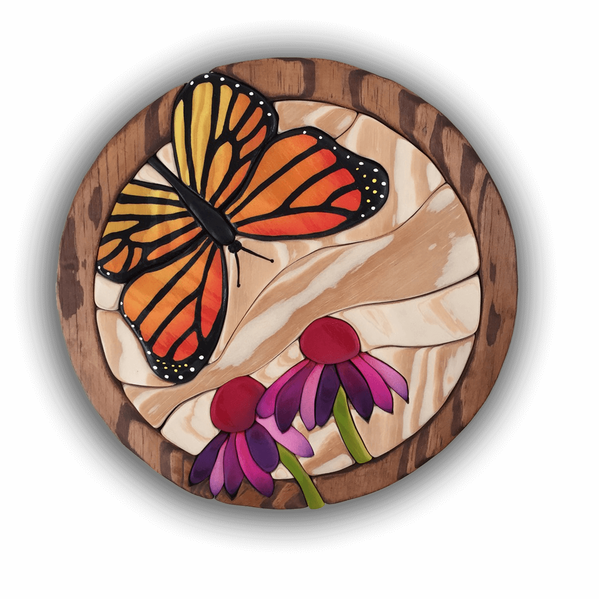 A custom Intarsia Art piece by Nick Vidakovic of  a butterfly and flowers