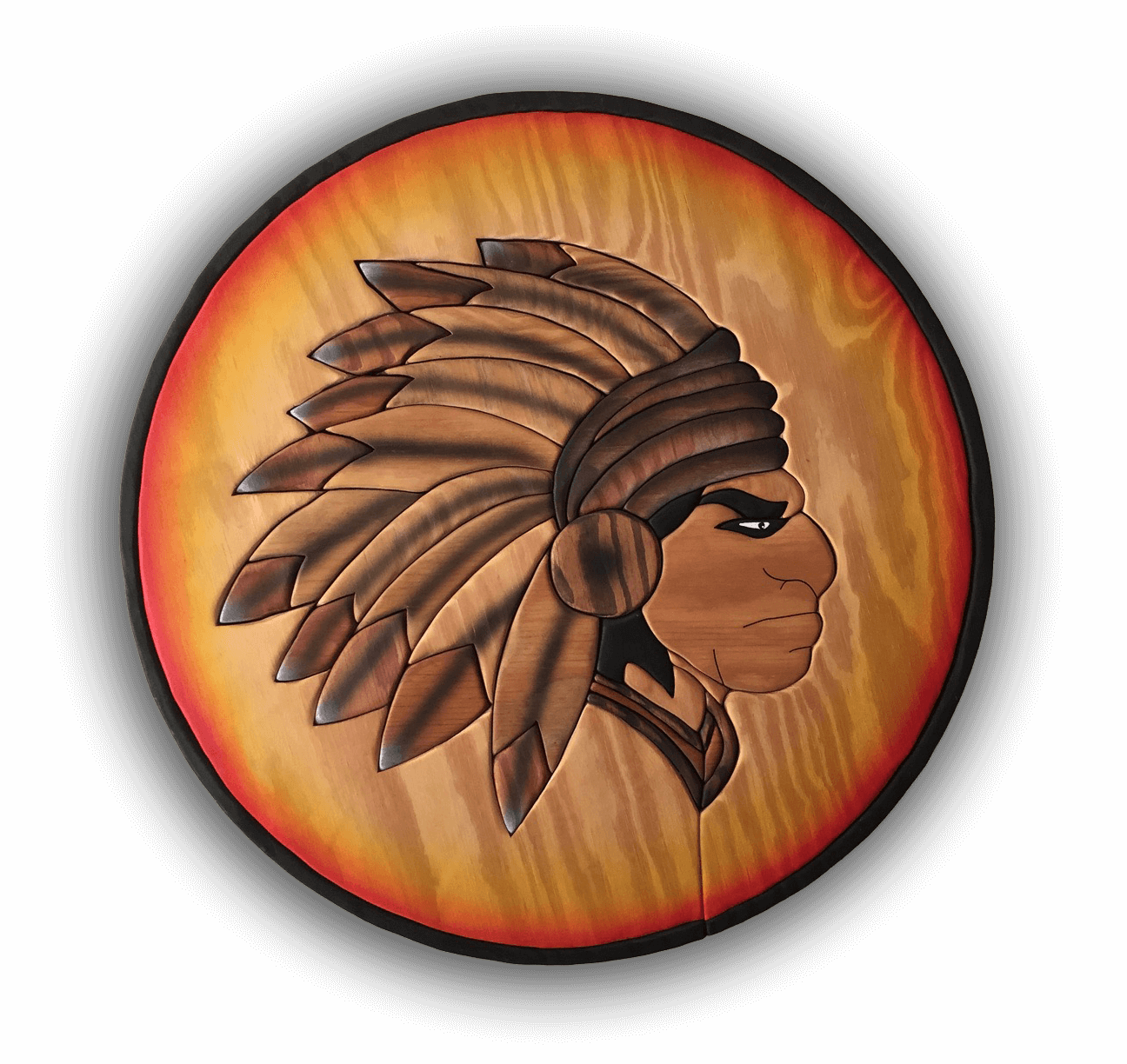 A custom Intarsia Art piece by Nick Vidakovic of a Native American
