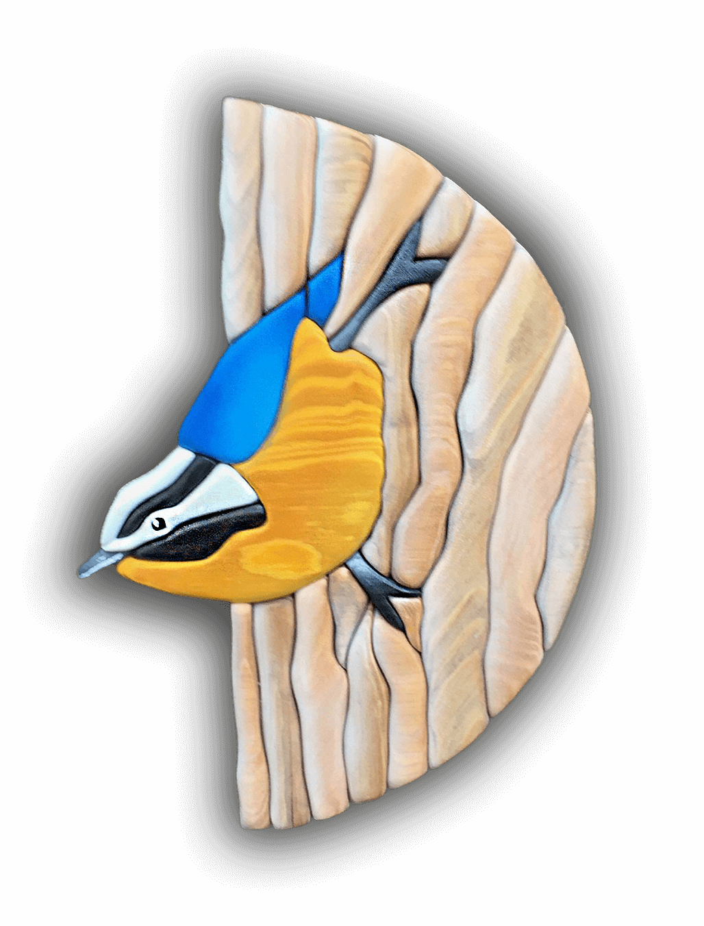 A custom Intarsia Art piece by Nick Vidakovic of a blue and yellow bird