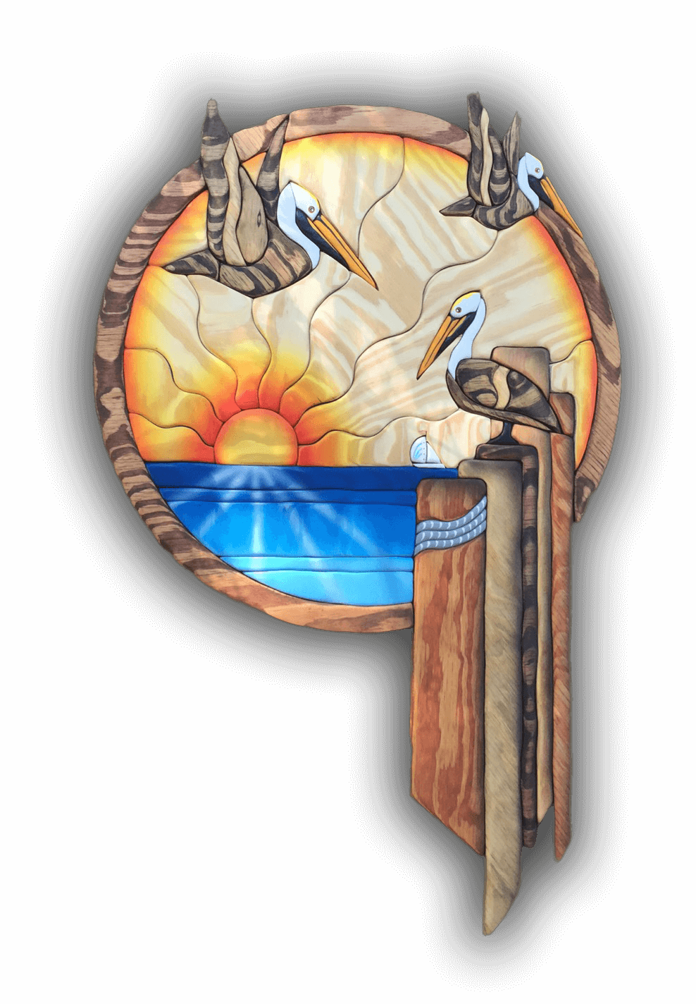 A custom Intarsia Art piece by Nick Vidakovic of pelicans flying over a body of water