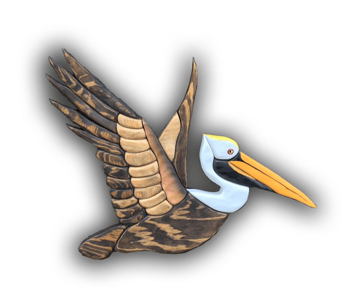 A custom Intarsia Art piece by Nick Vidakovic of a pelican