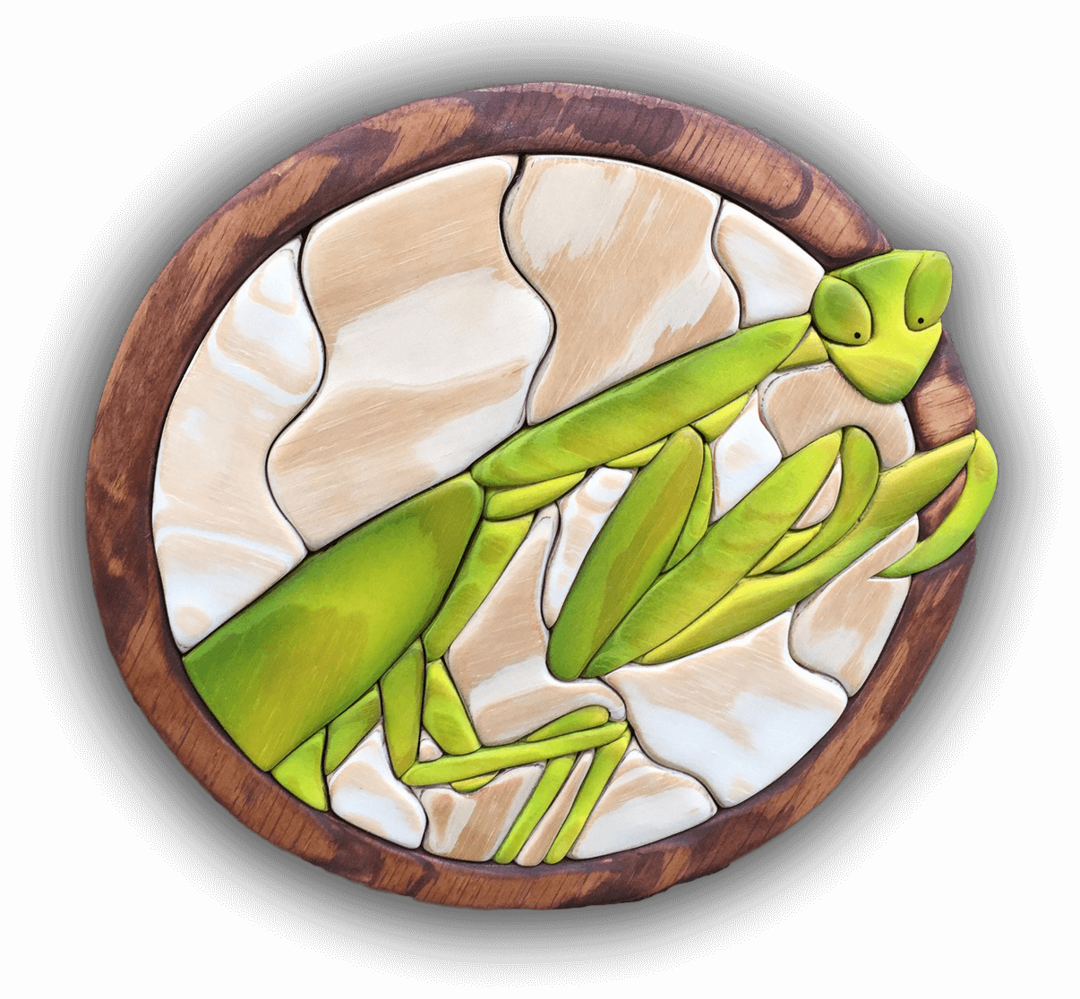 A custom Intarsia Art piece by Nick Vidakovic of a praying mantis 