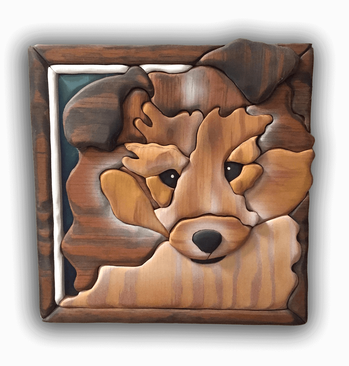 A custom Intarsia Art piece by Nick Vidakovic of a dog