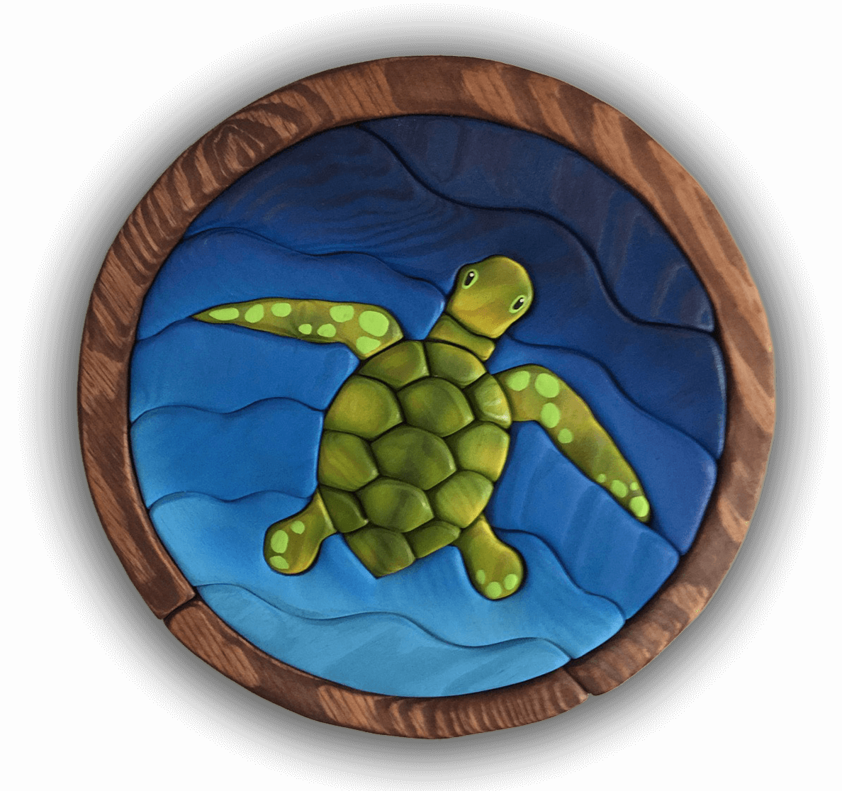 A custom Intarsia Art piece by Nick Vidakovic of a sea turtle