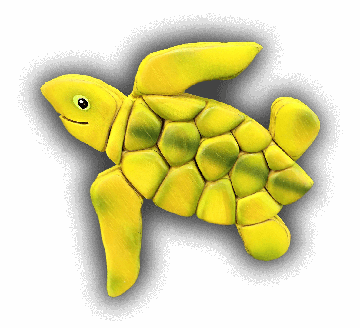 A yellow sea turtle with a green shell on a white background