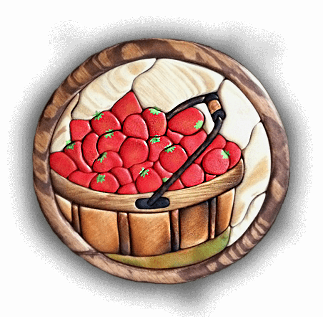 A custom Intarsia Art piece by Nick Vidakovic of a plate with a basket of strawberries on it