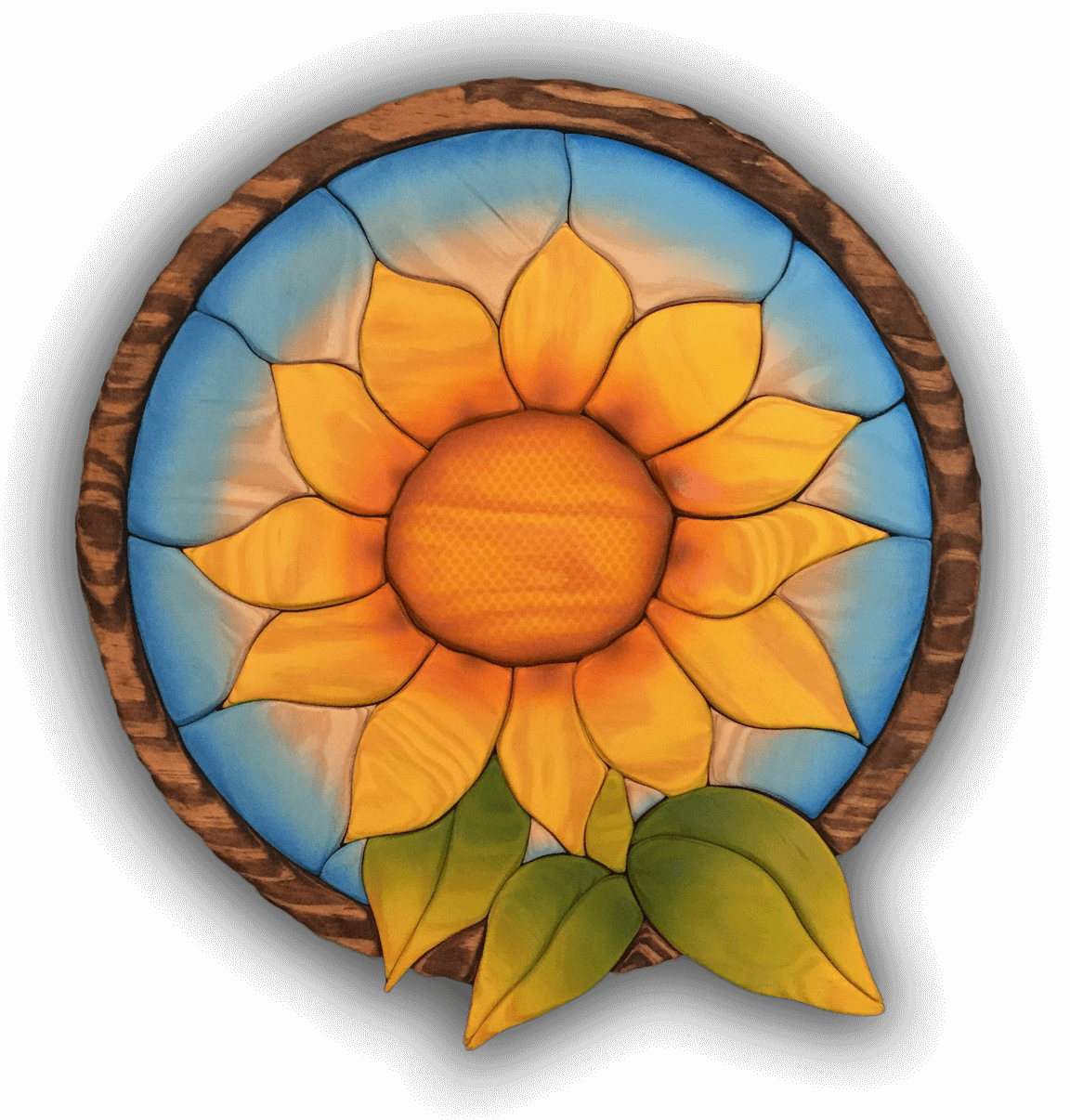 A custom Intarsia Art piece by Nick Vidakovic of a sunflower